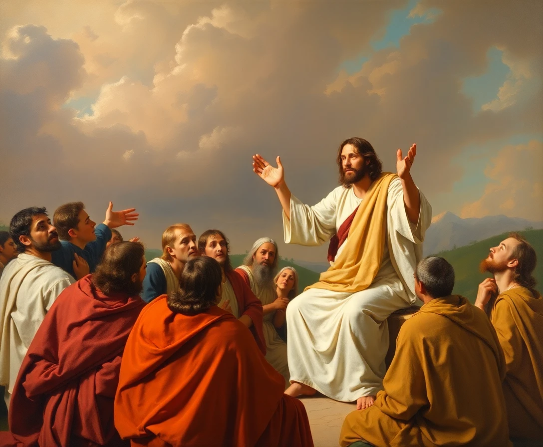 Imagen de Jesús predicando en el Sermón del Monte, estilo pintura clásica